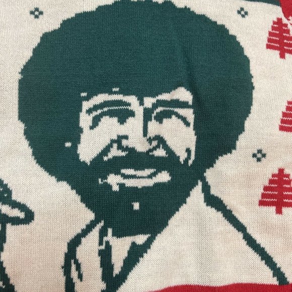 Bob Ross Ugly Christmas Sweater Adult MEDIUM M Painting Holiday Trees Afro NEW - Picture 3 of 12